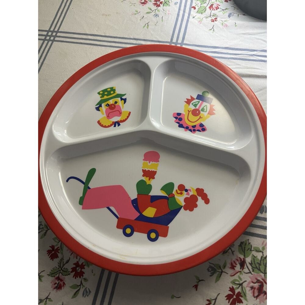 Vintage Small Fry Originals Melamine Divided Children’s Plate Clowns Red